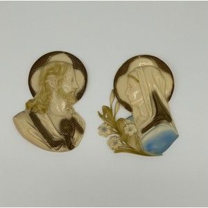 Celluloid Religious Jesus And Mary Wall Plaques Mid Century